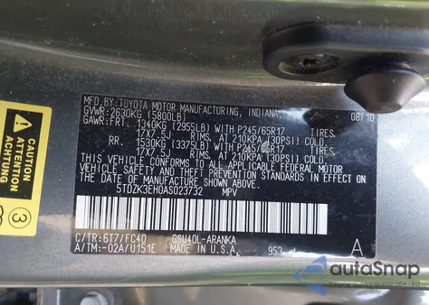 2010 Toyota Highlander Base V6 из США, поврежденный, VIN 5TDZK3EH0AS023732